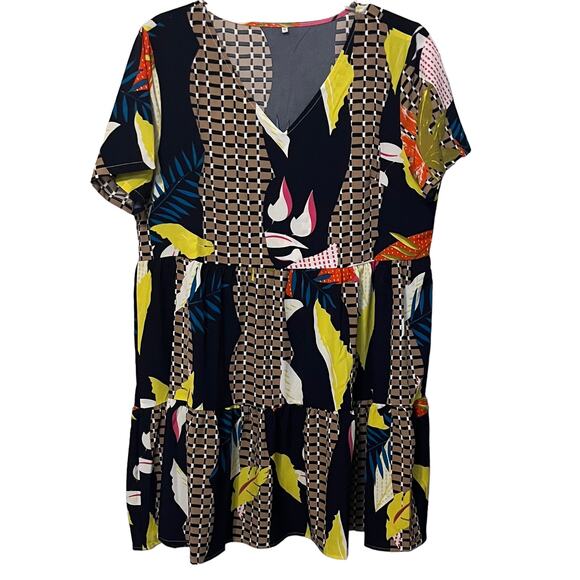 NO MFG.TAG SHORT SLEEVE MIDI FIT & FLARE DRESS, WOMENS, XL, MULTICOLOR ABSTRACT - Picture 1 of 10
